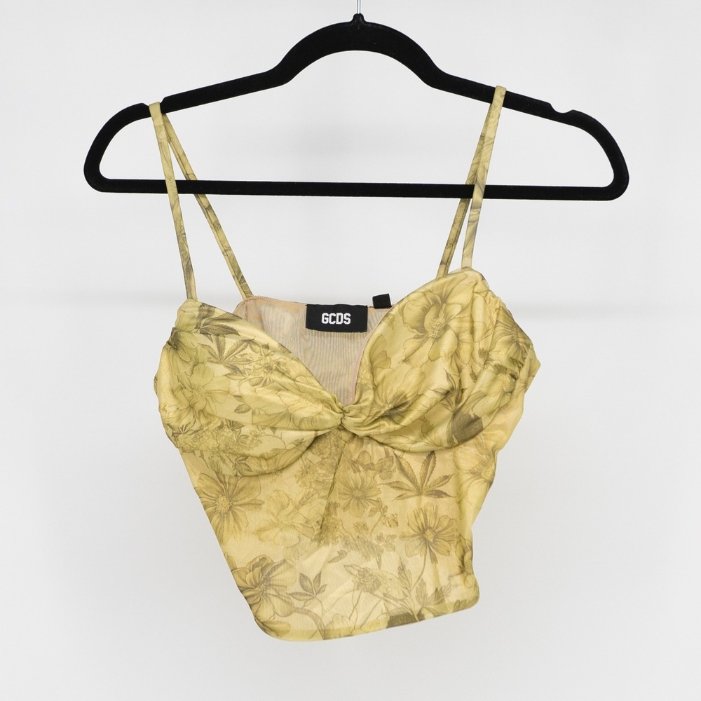 GCDS Green Floral Flower Pattern Printed Lame Crop Tank Top Medium